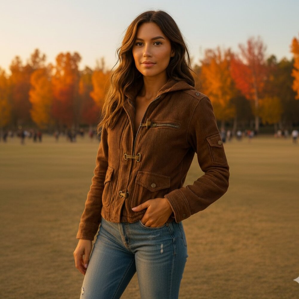 Da-Nang Y2K Corduroy Jacket with Embroidered Roses, Hooded, Size Medium